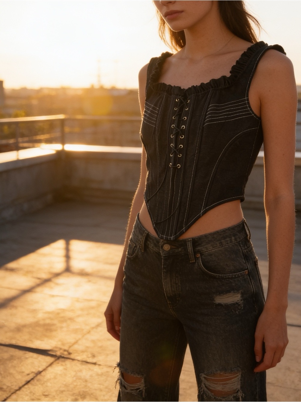 Fashion Nova Black Lace-Up Denim Corset Top EUC SIze M